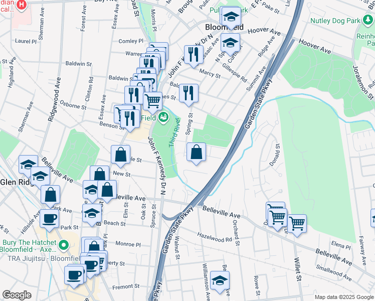 map of restaurants, bars, coffee shops, grocery stores, and more near 67 Spring Street in Bloomfield