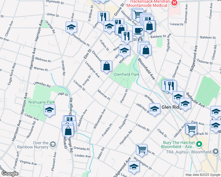 map of restaurants, bars, coffee shops, grocery stores, and more near 7 Wheeler Street in Montclair