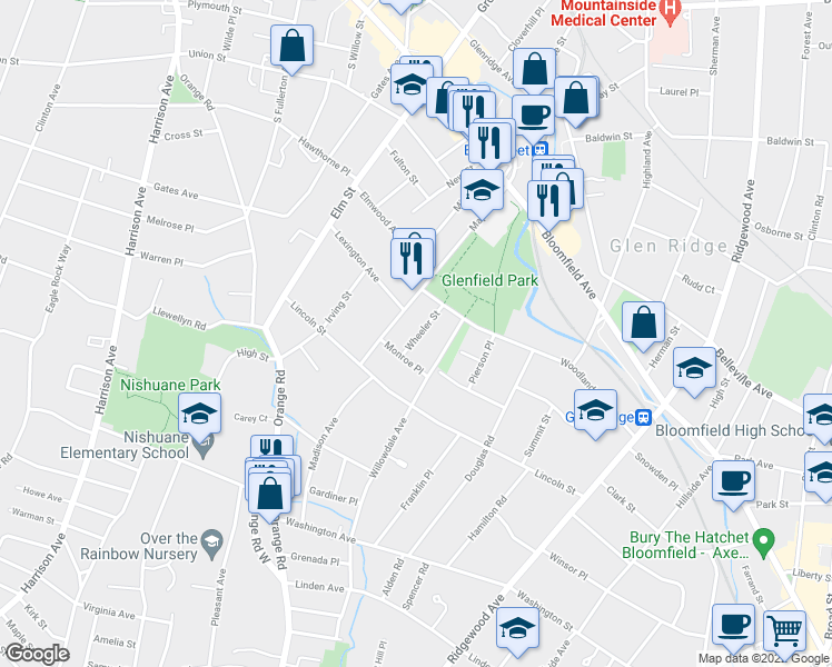 map of restaurants, bars, coffee shops, grocery stores, and more near 115 Maple Avenue in Montclair