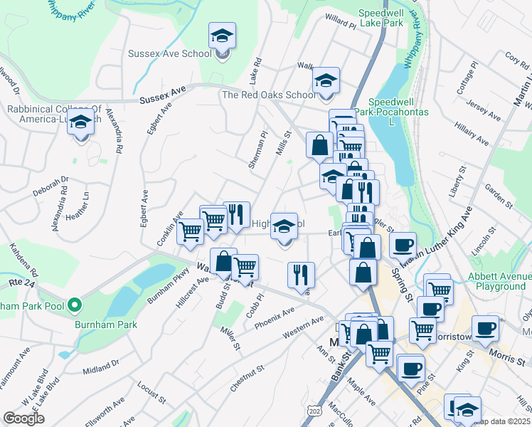 map of restaurants, bars, coffee shops, grocery stores, and more near 15 Harrison Street in Morristown