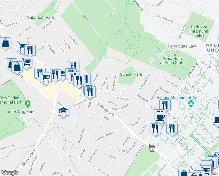 map of restaurants, bars, coffee shops, grocery stores, and more near 118 Longmeadow Lane in State College