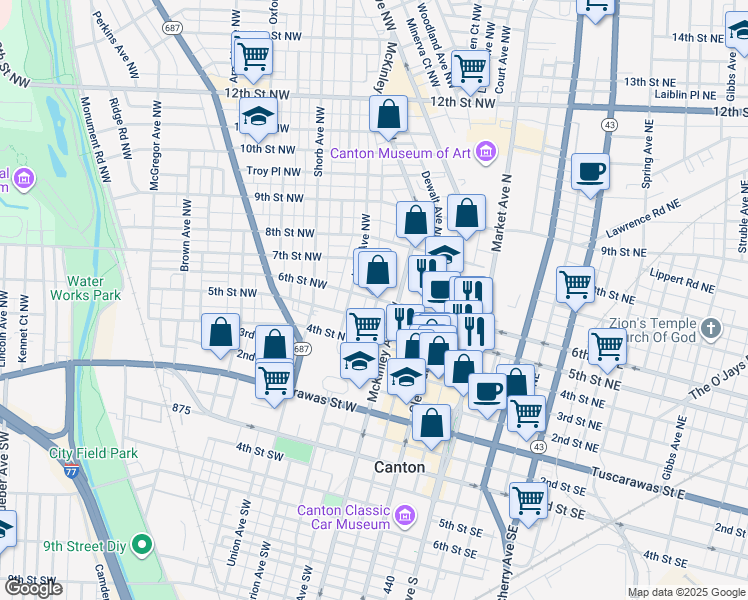 map of restaurants, bars, coffee shops, grocery stores, and more near 604 6th Street Northwest in Canton
