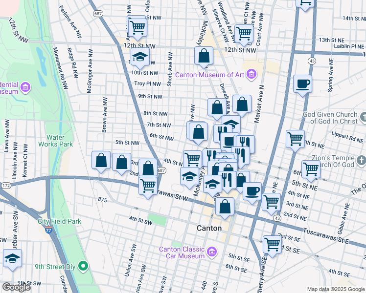 map of restaurants, bars, coffee shops, grocery stores, and more near 517 High Avenue Northwest in Canton
