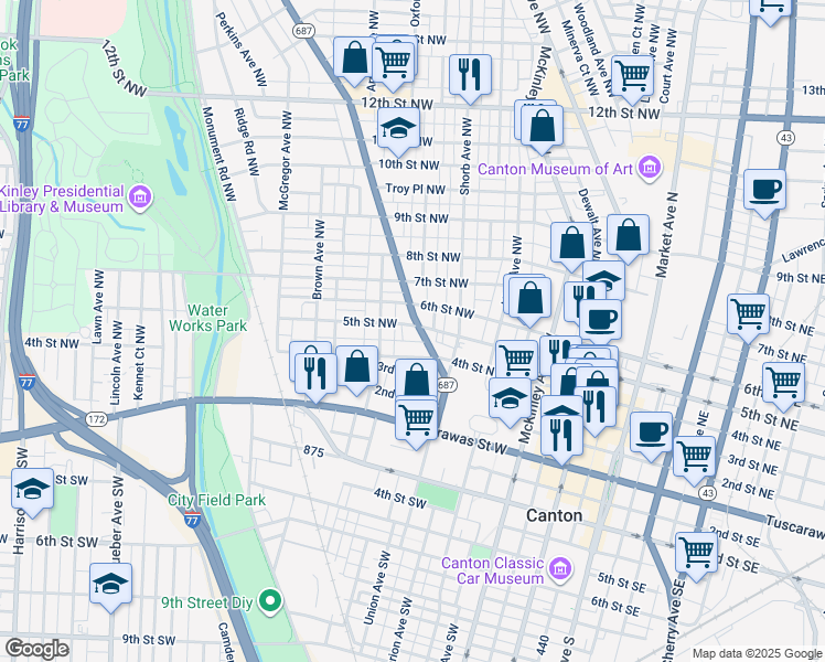 map of restaurants, bars, coffee shops, grocery stores, and more near 429 Fulton Road Northwest in Canton