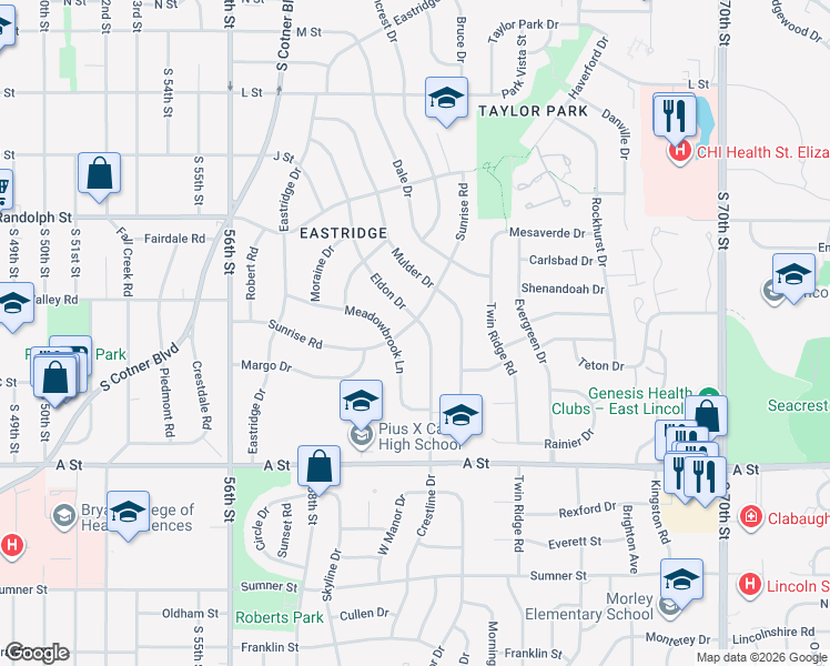 map of restaurants, bars, coffee shops, grocery stores, and more near 5950 Sunrise Road in Lincoln