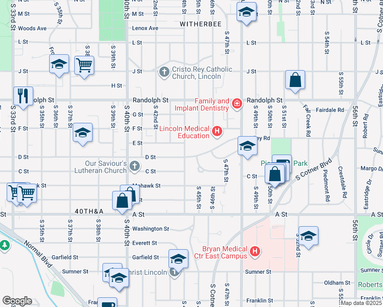 map of restaurants, bars, coffee shops, grocery stores, and more near 4344 D Street in Lincoln