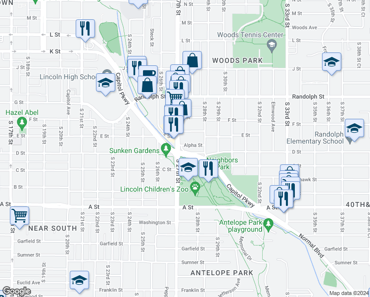 map of restaurants, bars, coffee shops, grocery stores, and more near 2755 Alpha Street in Lincoln