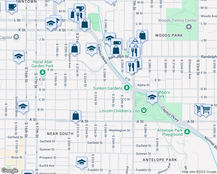 map of restaurants, bars, coffee shops, grocery stores, and more near 2445 E Street in Lincoln
