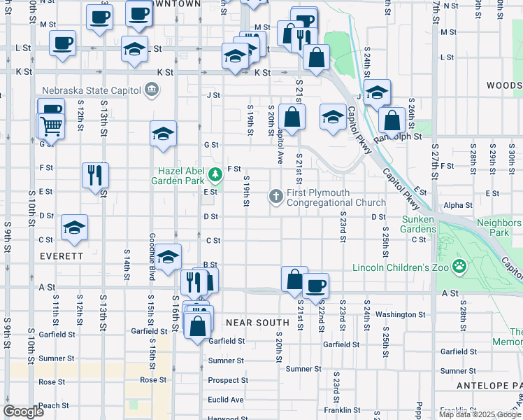 map of restaurants, bars, coffee shops, grocery stores, and more near 1936 D Street in Lincoln