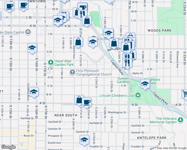 map of restaurants, bars, coffee shops, grocery stores, and more near 2222 D Street in Lincoln