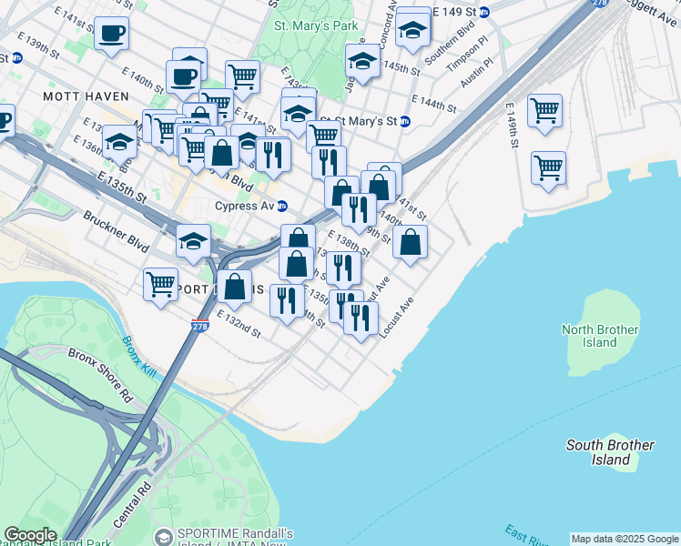 map of restaurants, bars, coffee shops, grocery stores, and more near 815 East 136th Street in The Bronx