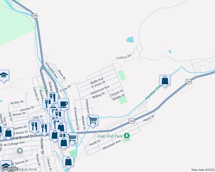 map of restaurants, bars, coffee shops, grocery stores, and more near 508 East Union Street in Tamaqua