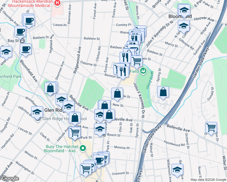 map of restaurants, bars, coffee shops, grocery stores, and more near 256 Broad Street in Bloomfield