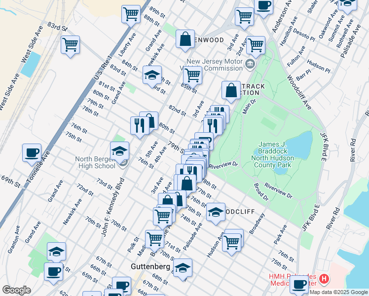 map of restaurants, bars, coffee shops, grocery stores, and more near 708 79th Street in North Bergen