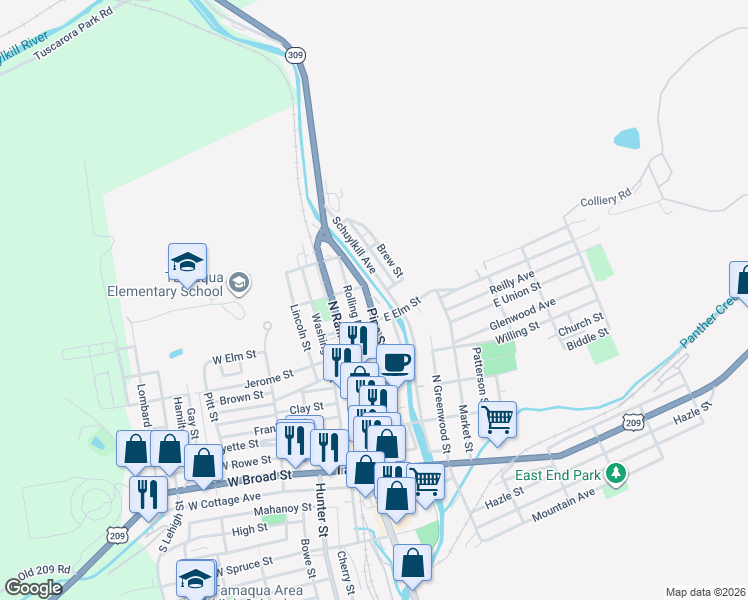 map of restaurants, bars, coffee shops, grocery stores, and more near 423 Pine Street in Tamaqua