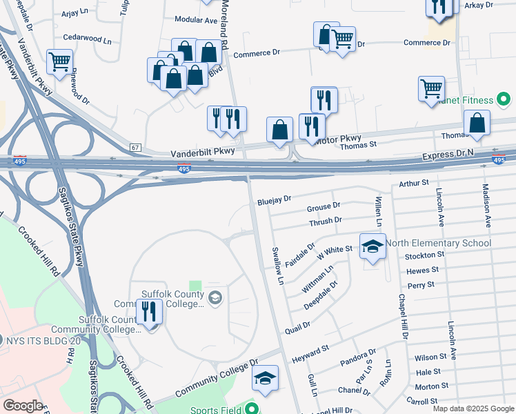 map of restaurants, bars, coffee shops, grocery stores, and more near 4 Bluejay Drive in Brentwood