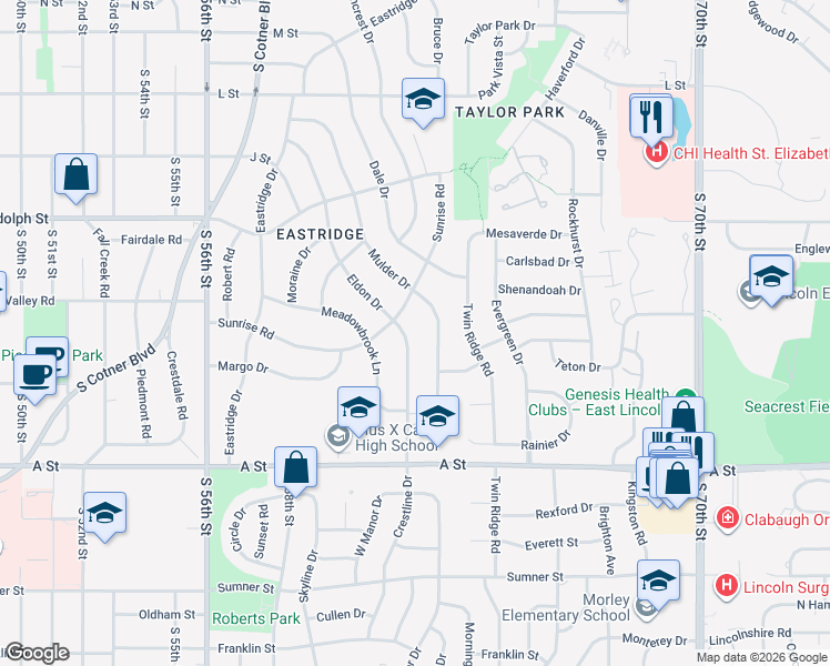map of restaurants, bars, coffee shops, grocery stores, and more near 1116 Eldon Drive in Lincoln