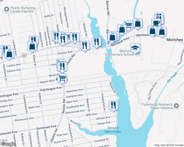 map of restaurants, bars, coffee shops, grocery stores, and more near 195 Mastic Boulevard in Mastic