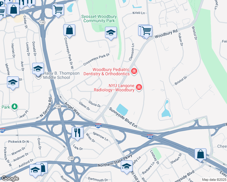 map of restaurants, bars, coffee shops, grocery stores, and more near 1 Joan Court in Woodbury