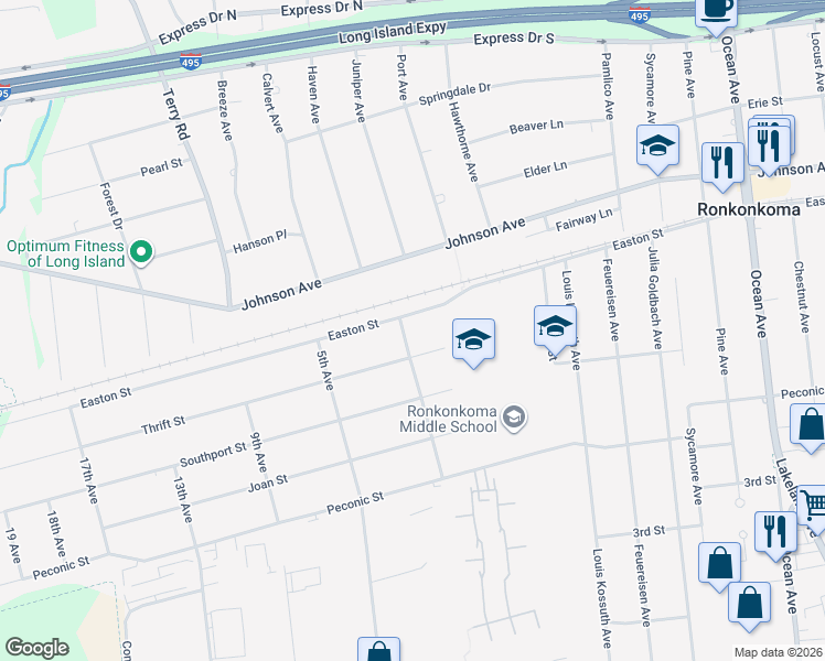 map of restaurants, bars, coffee shops, grocery stores, and more near 500 Easton Street in Ronkonkoma