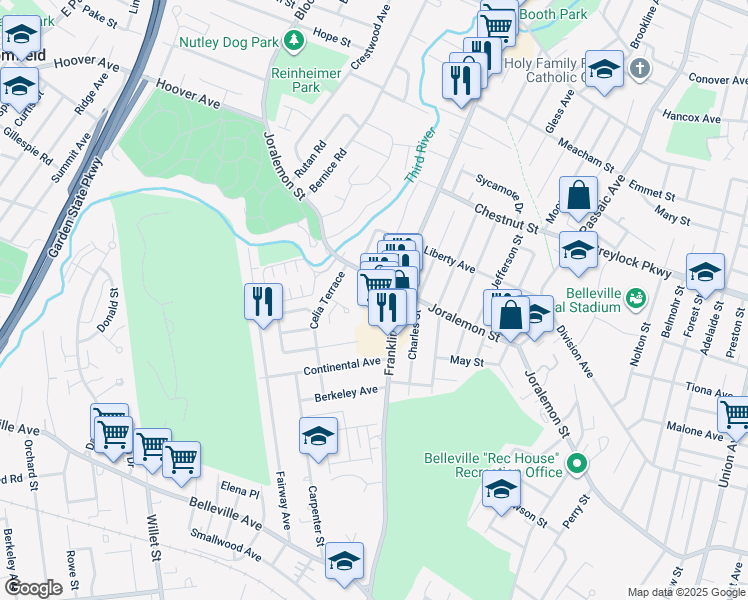 map of restaurants, bars, coffee shops, grocery stores, and more near 21 Barnett Lane in Belleville