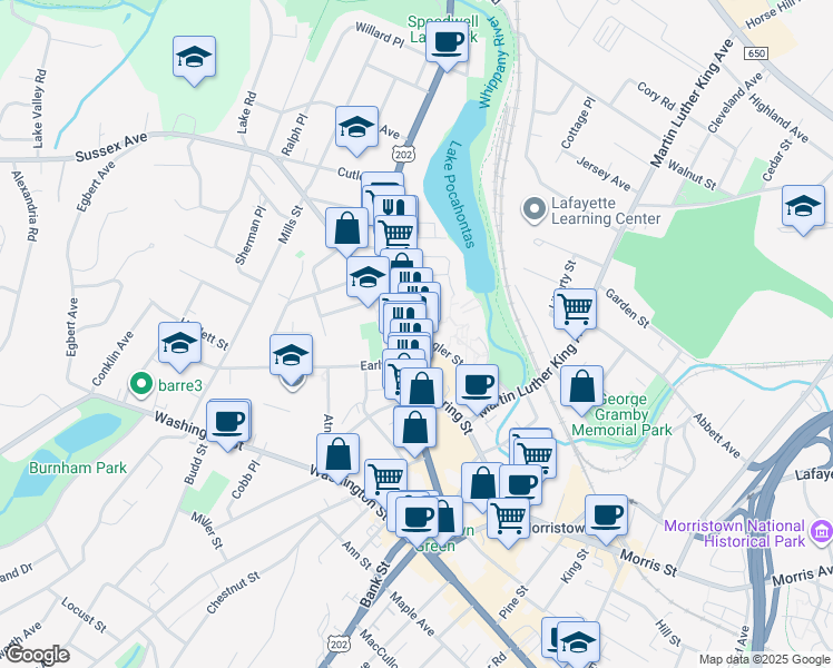 map of restaurants, bars, coffee shops, grocery stores, and more near 12 Flagler Street in Morristown