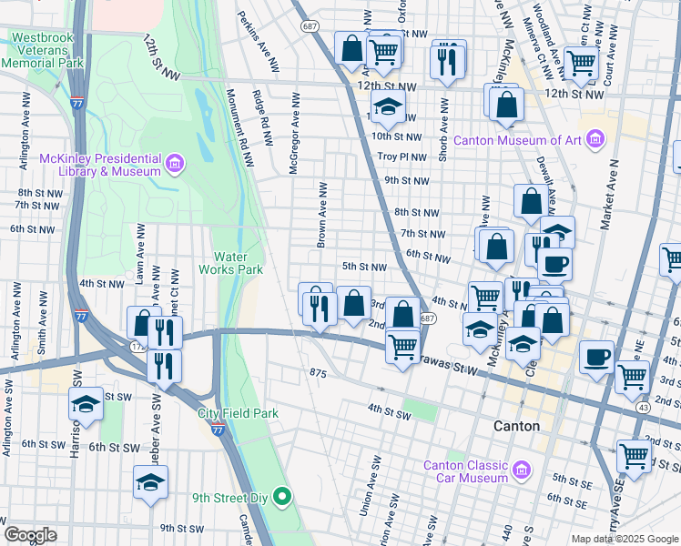 map of restaurants, bars, coffee shops, grocery stores, and more near 1136 5th Street Northwest in Canton