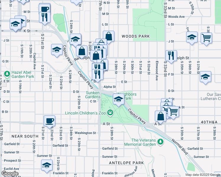 map of restaurants, bars, coffee shops, grocery stores, and more near 2755 Alpha Street in Lincoln