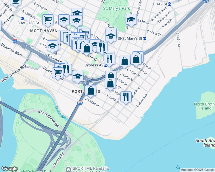 map of restaurants, bars, coffee shops, grocery stores, and more near 711 East 135th Street in The Bronx