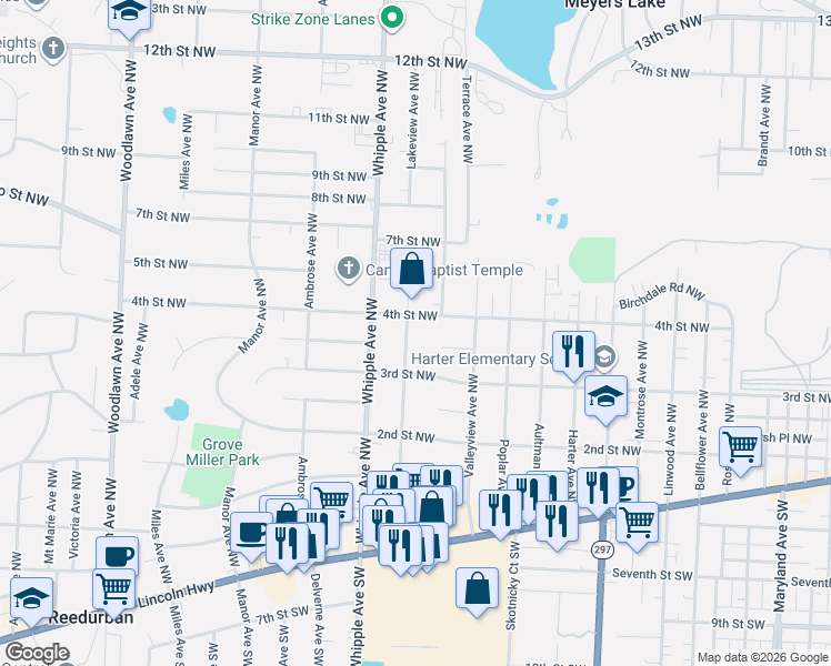 map of restaurants, bars, coffee shops, grocery stores, and more near 350 Grandview Avenue Northwest in Canton