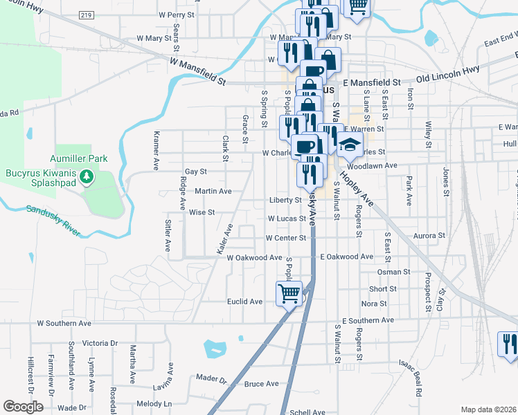 map of restaurants, bars, coffee shops, grocery stores, and more near 560 South Spring Street in Bucyrus