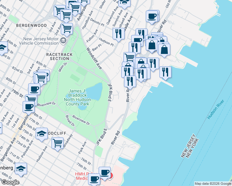 map of restaurants, bars, coffee shops, grocery stores, and more near 8700 Boulevard East in North Bergen