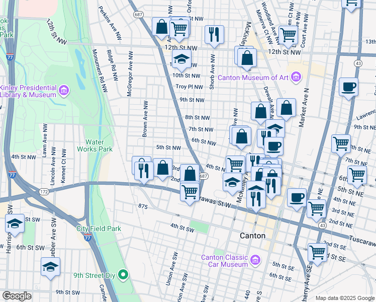 map of restaurants, bars, coffee shops, grocery stores, and more near 429 Fulton Road Northwest in Canton