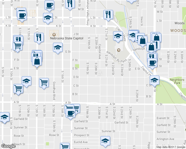 map of restaurants, bars, coffee shops, grocery stores, and more near 1936 D Street in Lincoln