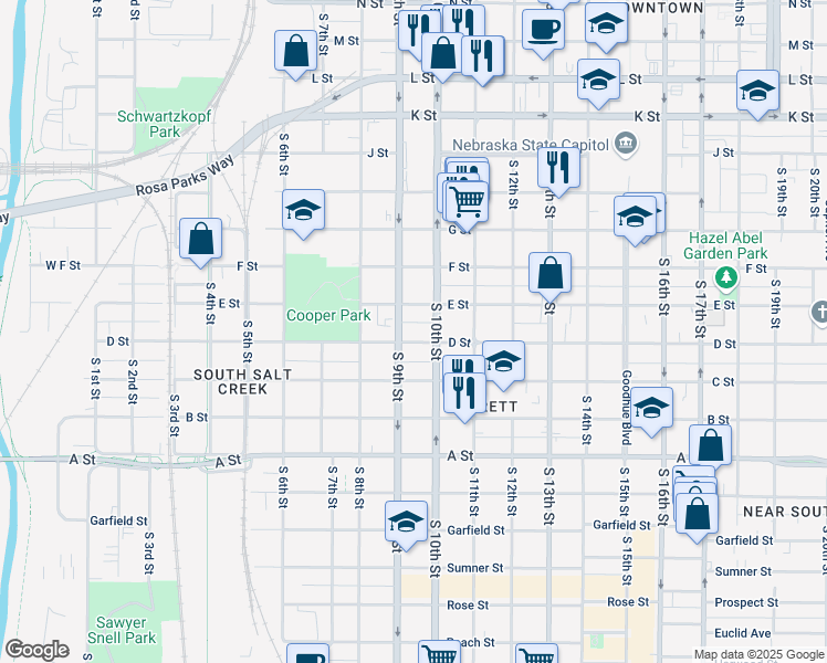 map of restaurants, bars, coffee shops, grocery stores, and more near 920 D Street in Lincoln