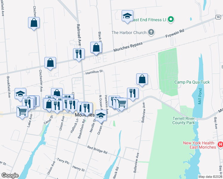 map of restaurants, bars, coffee shops, grocery stores, and more near 34 Reeves Road in Center Moriches