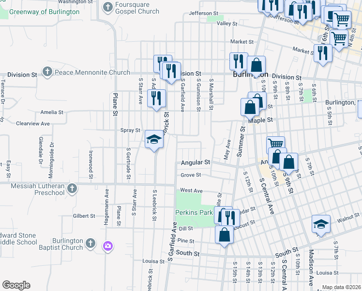 map of restaurants, bars, coffee shops, grocery stores, and more near 1451 Cleveland Avenue in Burlington