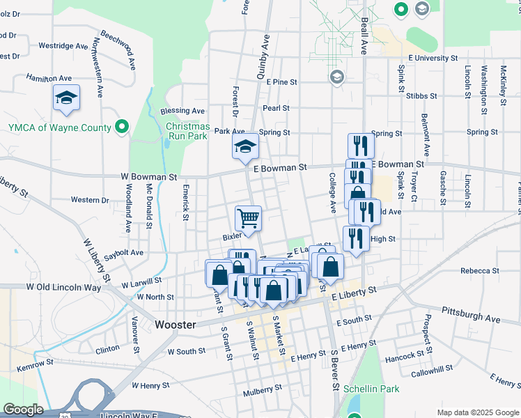 map of restaurants, bars, coffee shops, grocery stores, and more near 449 North Market Street in Wooster