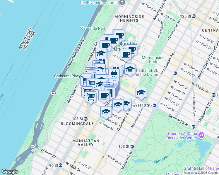 map of restaurants, bars, coffee shops, grocery stores, and more near 209 West 109th Street in New York
