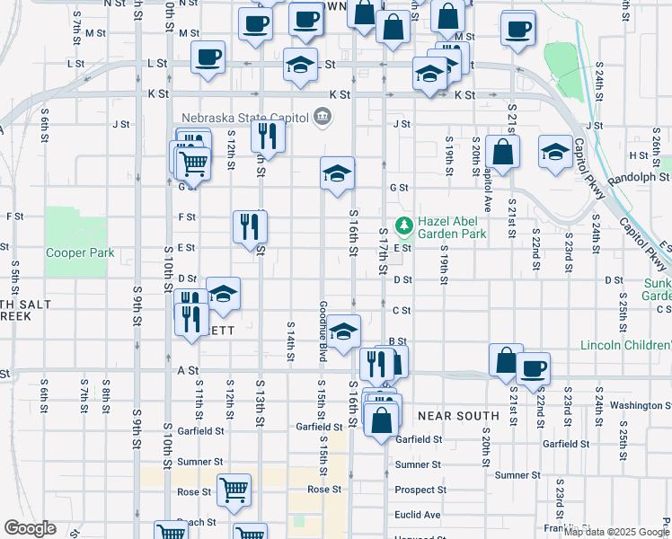 map of restaurants, bars, coffee shops, grocery stores, and more near 1518 D Street in Lincoln