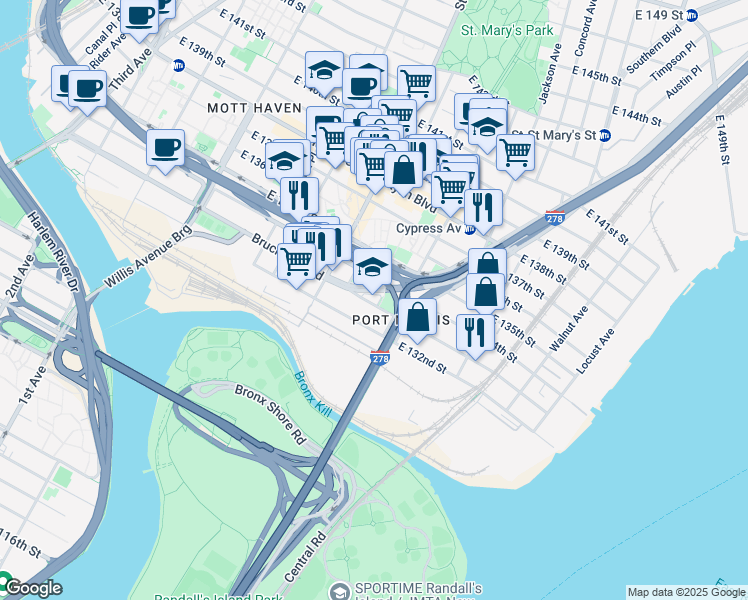 map of restaurants, bars, coffee shops, grocery stores, and more near 164 Bruckner Boulevard in The Bronx