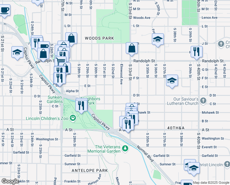 map of restaurants, bars, coffee shops, grocery stores, and more near 1042 South 32nd Street in Lincoln