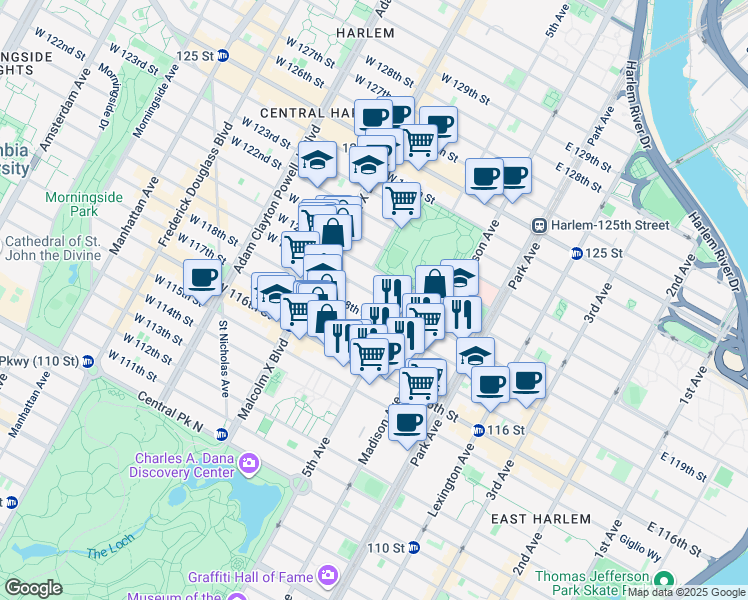map of restaurants, bars, coffee shops, grocery stores, and more near 20 West 119th Street in New York