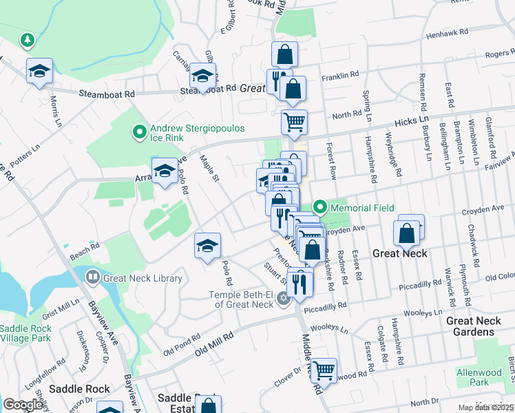 map of restaurants, bars, coffee shops, grocery stores, and more near 15 Church Street in Great Neck