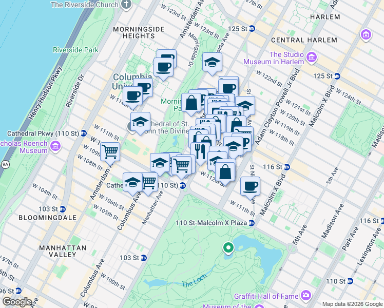 map of restaurants, bars, coffee shops, grocery stores, and more near 313 West 113th Street in New York