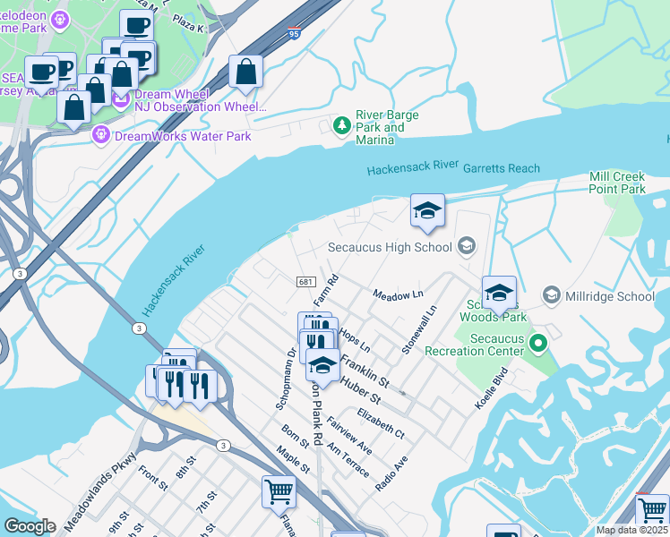 map of restaurants, bars, coffee shops, grocery stores, and more near 1103 Farm Road in Secaucus