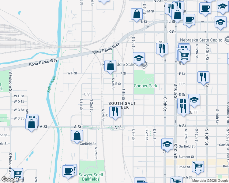 map of restaurants, bars, coffee shops, grocery stores, and more near 404 D Street in Lincoln
