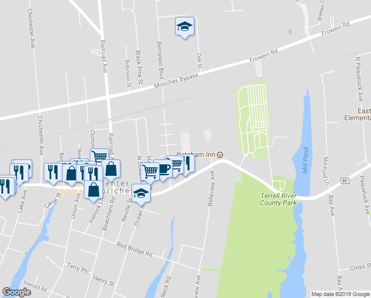 map of restaurants, bars, coffee shops, grocery stores, and more near 33 Reeves Road in Center Moriches