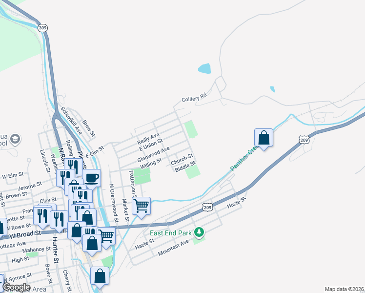 map of restaurants, bars, coffee shops, grocery stores, and more near 527 Willing Street in Tamaqua