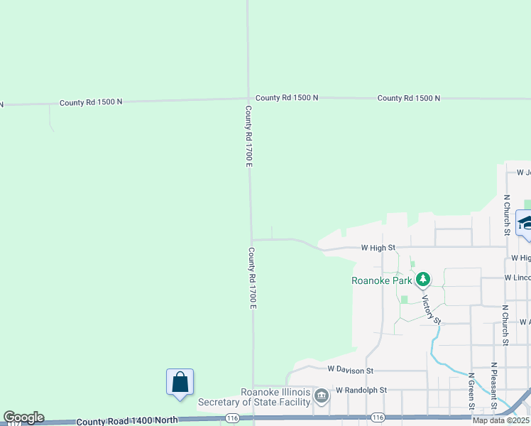 map of restaurants, bars, coffee shops, grocery stores, and more near 1449 County Road 1700 East in Roanoke